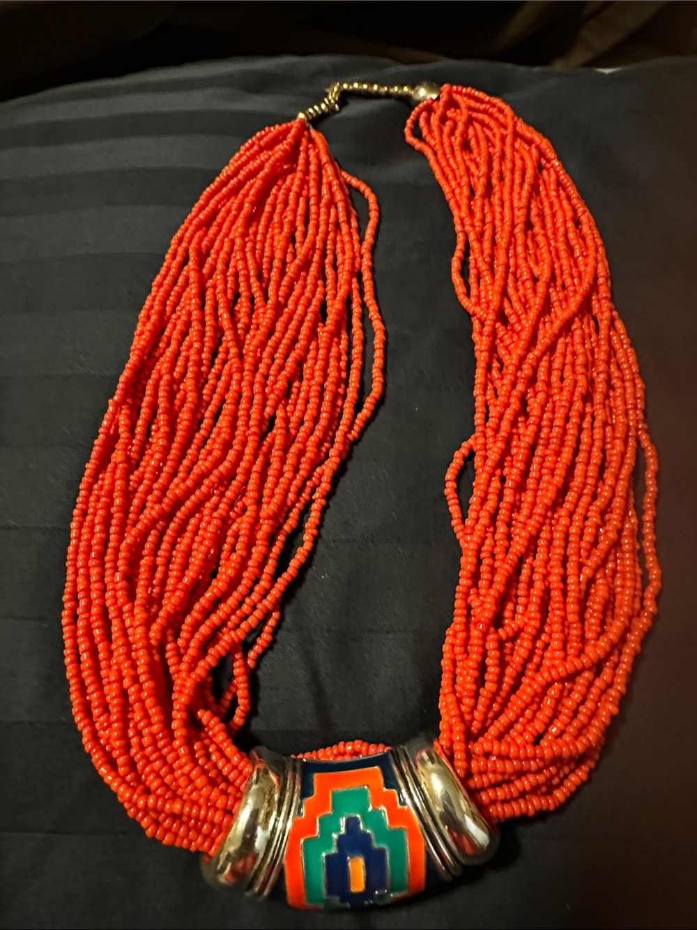 Orange Multi-Strand Beaded Statement Necklace with Colorful Centerpiece